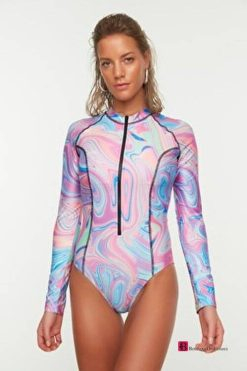 Abstract Pattern Long Sleeve Swimsuit - Boutique Des Femmes