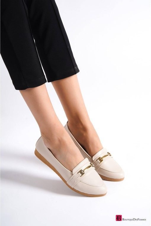 Beige Gold Buckle Loafer Shoes