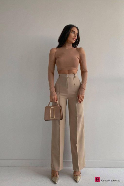 Beige High Waist Wide Leg Trousers - Boutique Des Femmes