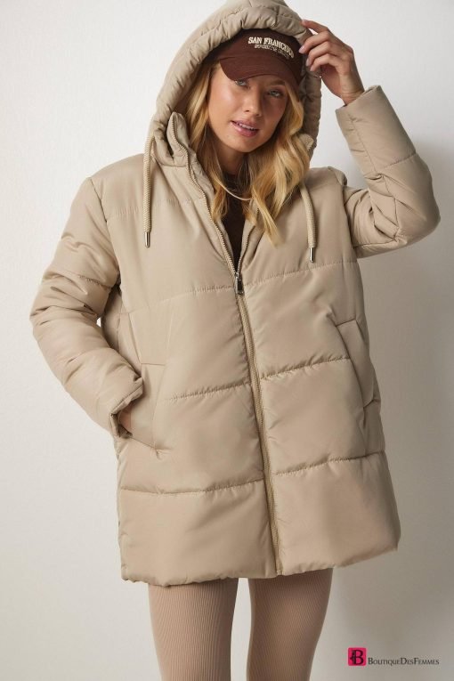 Beige Hooded Oversize Puffer Coat - Boutique Des Femmes