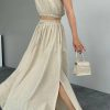 Beige Linen Slit Crop Skirt Suit - Boutique Des Femmes