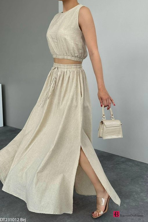 Beige Linen Slit Crop Skirt Suit - Boutique Des Femmes