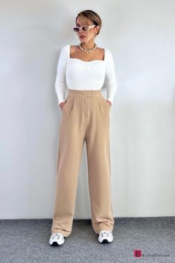 Beige Lycra Velcro Closure Palazzo Trousers - Boutique Des Femmes