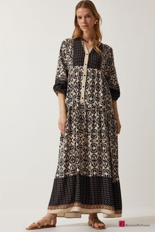 Beige Patterned Oversize Dress