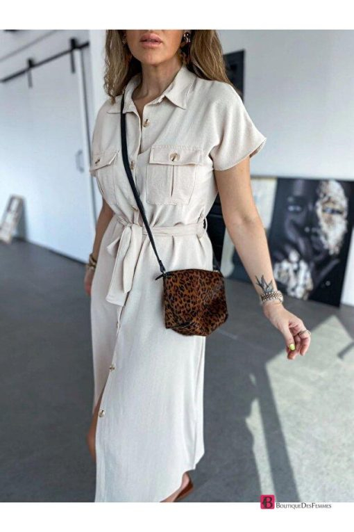 Beige Safari Pocket Belted Airobin Long Shirt Dress - Boutique Des Femmes