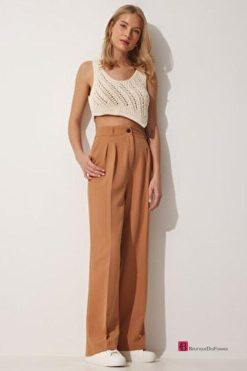 Biscuit Wide Leg Masculine Woven Trousers - Boutique Des Femmes