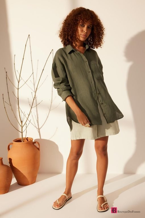 Green 100% Linen Oversize Shirt - Boutique Des Femmes