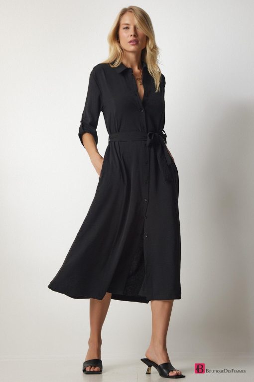 Black Belted Shirt Dress - Boutique Des Femmes