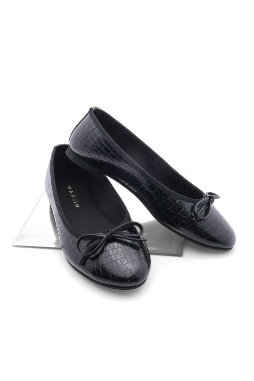 Black Croco Flat Round Ballerina - Boutique Des Femmes