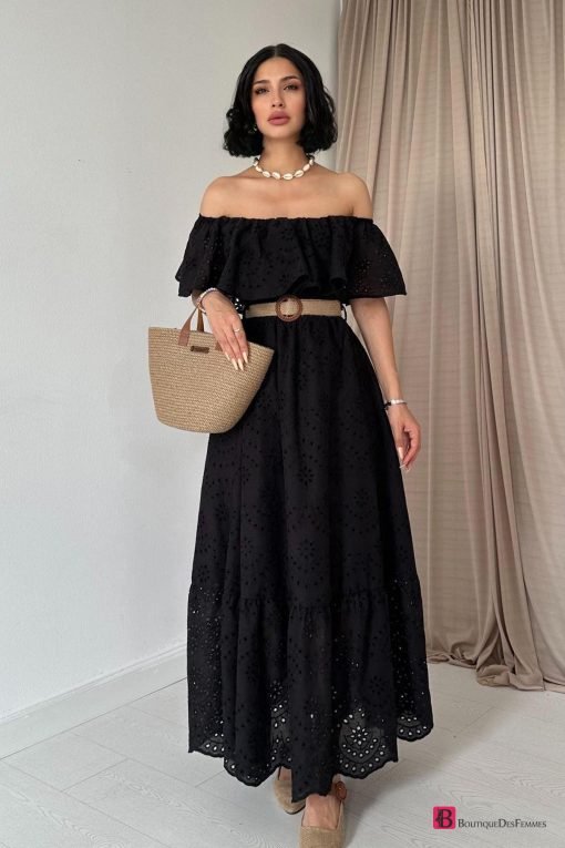 Black Embroidering Shoulder Dress - Boutique Des Femmes