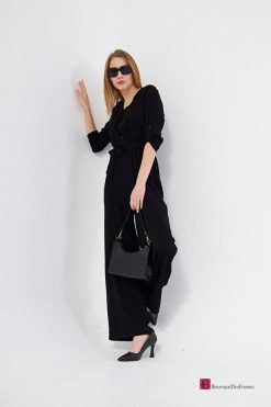 Black Pocket Elastic Waist Belt Casual Cut Jumpsuit - Boutique Des Femmes