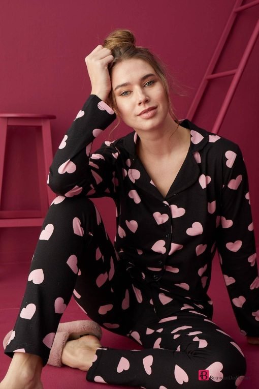 Black Rose Hearts Buttoned Cotton Pajama - Boutique Des Femmes