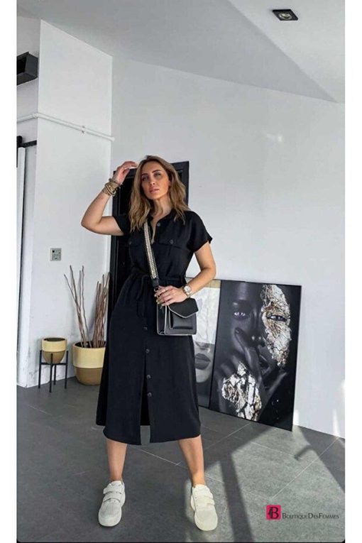 Black Safari Pocket Belted Airobin Long Shirt Dress - Boutique Des Femmes