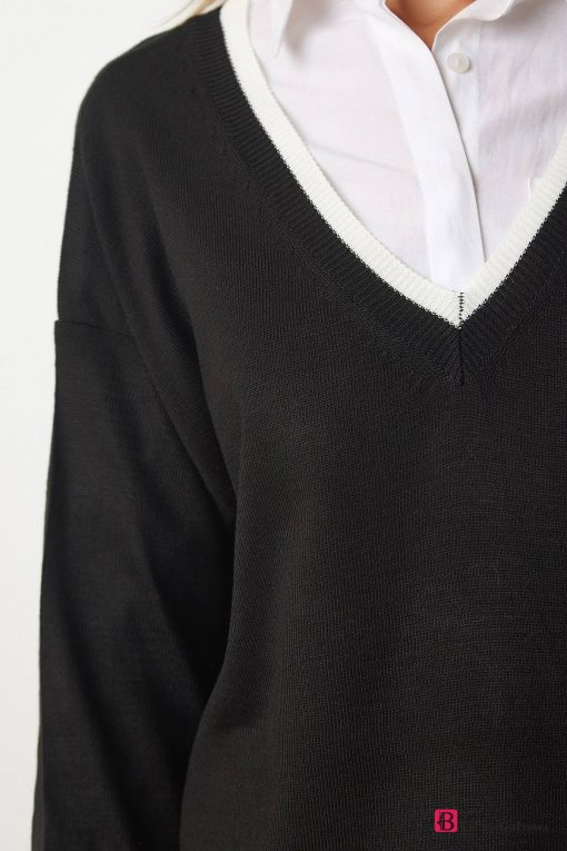 Black V-Neck Oversize Knitwear Sweater - Boutique Des Femmes