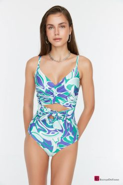 Blue Floral Double Breasted Tie Swimsuit - Boutique Des Femmes