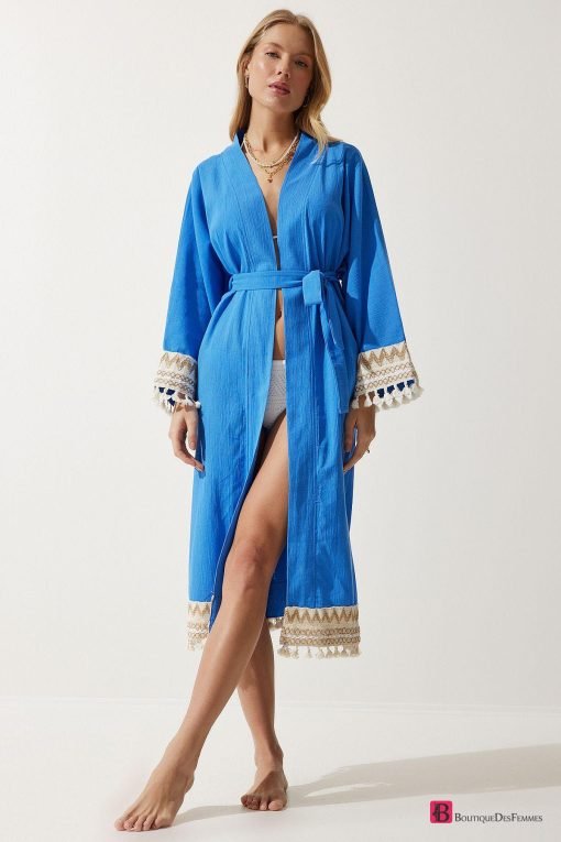 Blue Linen Long kimono - Boutique Des Femmes