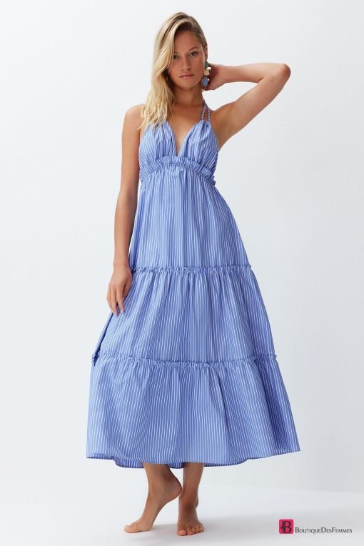 Blue Striped Ruffled Dress - Boutique Des Femmes