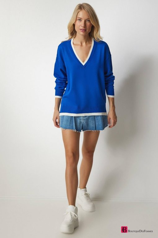 Blue V-Neck Oversize Knitwear Sweater - Boutique Des Femmes