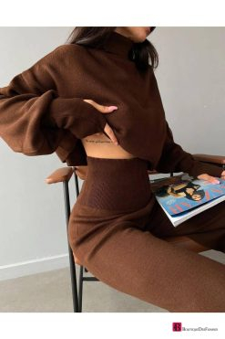 Brown Crop High Waist Knitwear Suit - Boutique Des Femmes