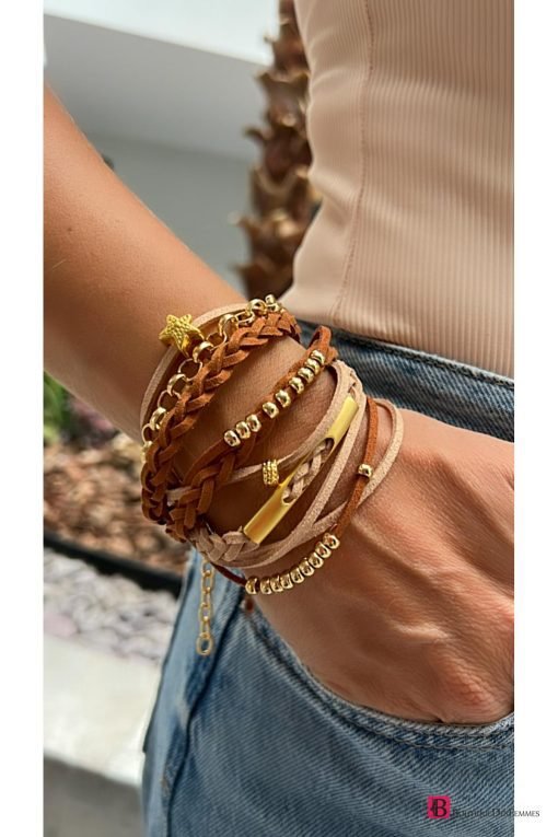 Brown Suede And Gold Multiple Bracelet - Boutique Des Femmes