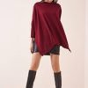 Burgundy Oversize Sweater Side-Slit Poncho - Boutique Des Femmes