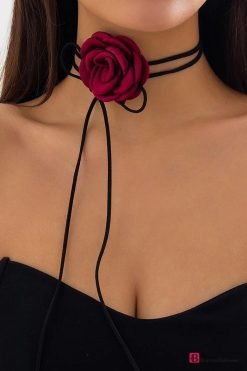 Burgundy Satin Flower Necklace - Boutique Des Femmes