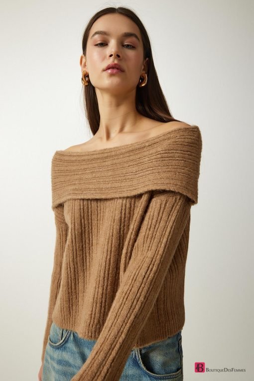 Camel Madonna Neck Sweater - Boutique Des Femmes