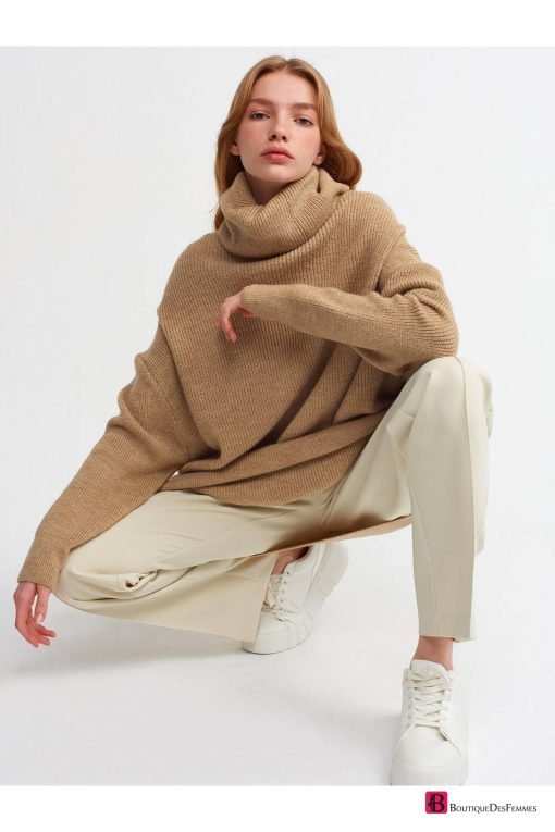 Camel Turtleneck Wide Sweater - Boutique Des Femmes