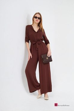 Coffee Pocket Elastic Waist Belt Casual Cut Jumpsuit - Boutique Des Femmes