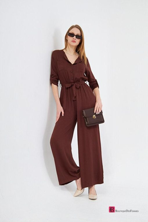 Coffee Pocket Elastic Waist Belt Casual Cut Jumpsuit - Boutique Des Femmes