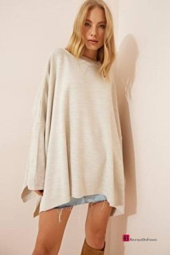 Cream Oversize Sweater Side-Slit Poncho - Boutique Des Femmes