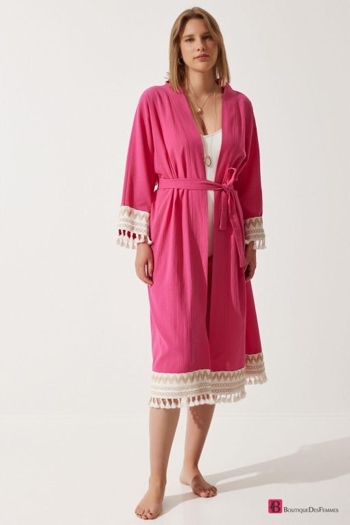 D.Pink Linen Long kimono - Boutique Des Femmes