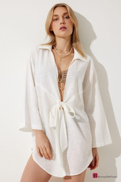 Ecru Linen Kimono Tie - Boutique Des Femmes