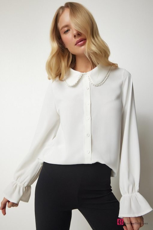 Ecru Woven Pleated Sleeve Shirt - Boutique Des Femmes