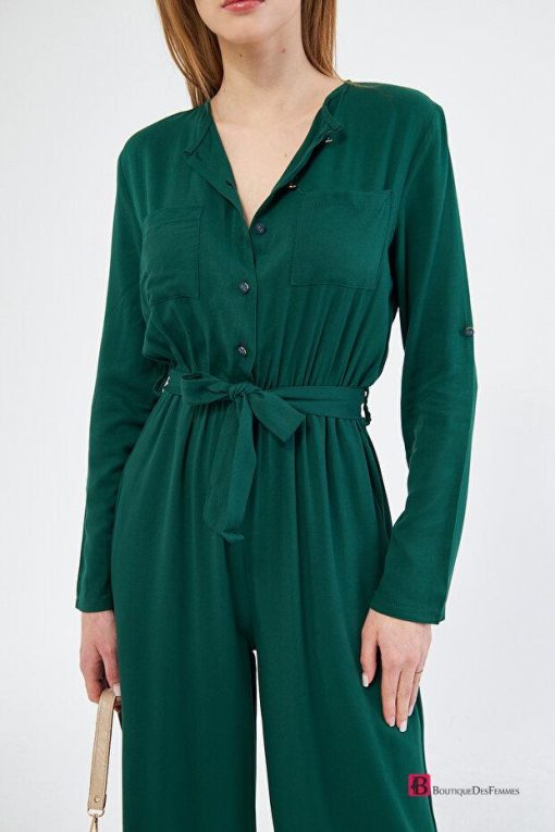 Emerald Pocket Elastic Waist Belt Casual Cut Jumpsuit - Boutique Des Femmes