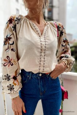 Floral Embroidery Linen Blouse - Boutique Des Femmes