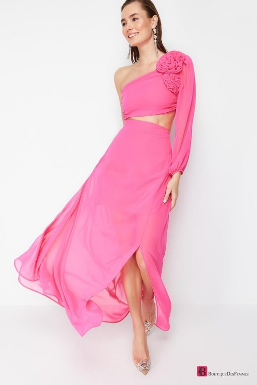 Fuchsia Coated Cut-Out Chiffon Dress - Boutique Des Femmes