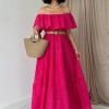 Fuchsia Embroidering Shoulder Dress - Boutique Des Femmes