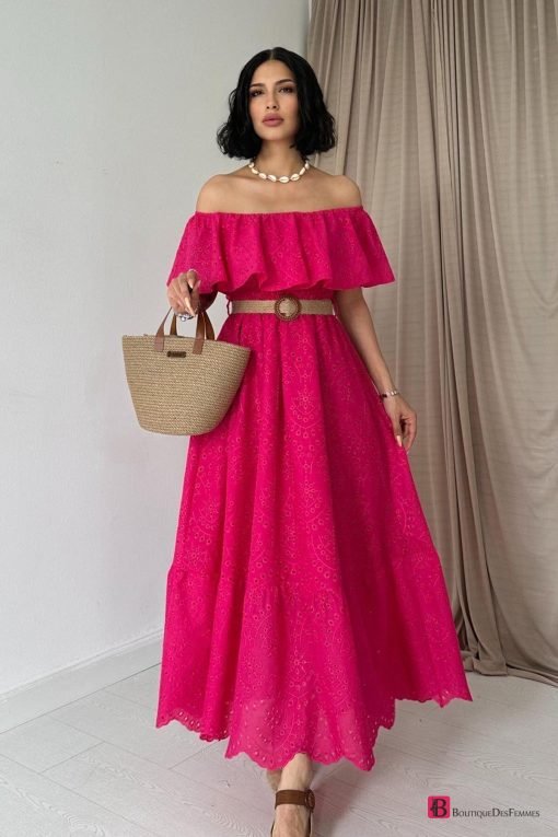 Fuchsia Embroidering Shoulder Dress - Boutique Des Femmes