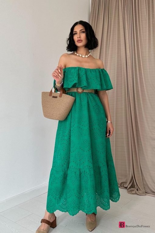 Green Embroidering Shoulder Dress