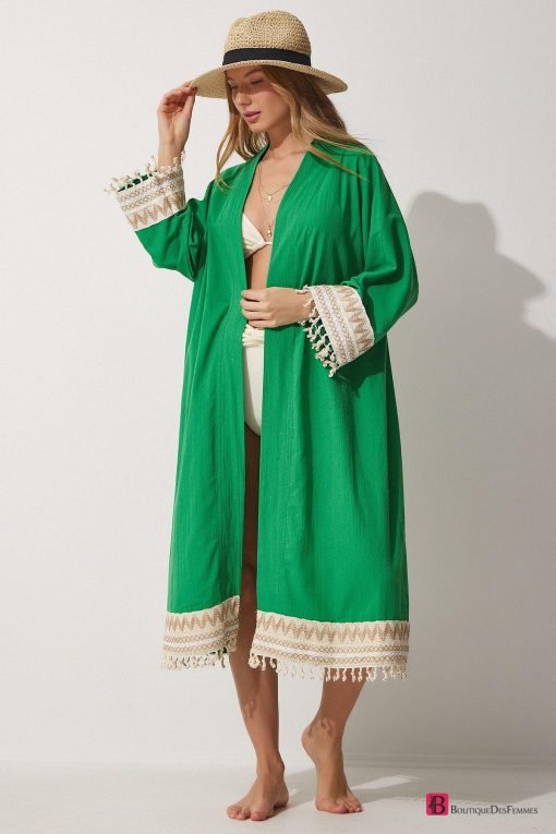 Green Linen Long kimono - Boutique Des Femmes