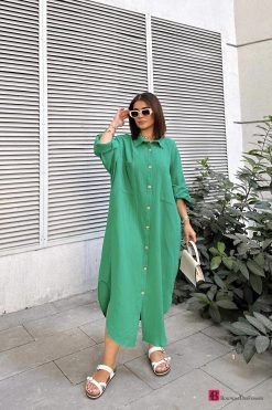 Green Long Oversize Casual Shirt Dress - Boutique Des Femmes