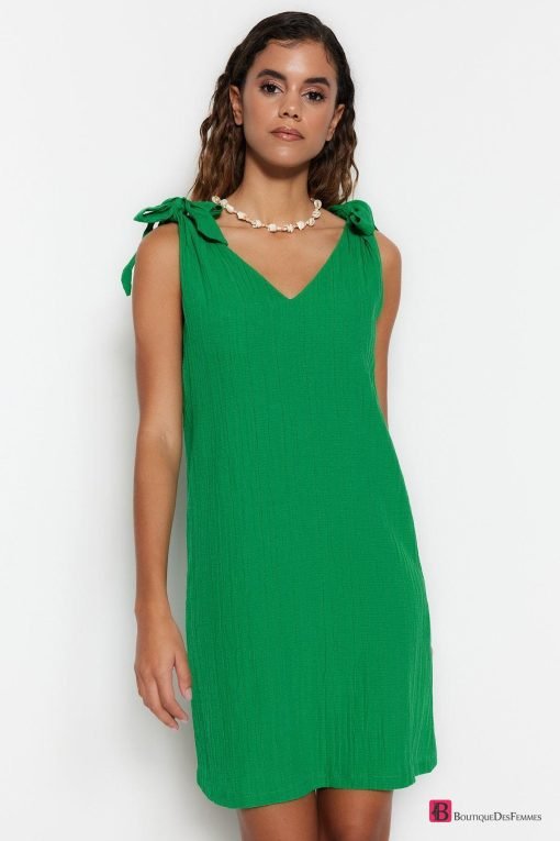 Green Tie Up Mini Dress - Boutique Des Femmes