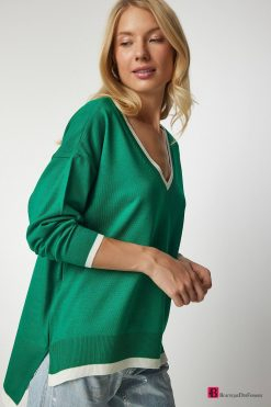 Green V-Neck Oversize Knitwear Sweater - Boutique Des Femmes