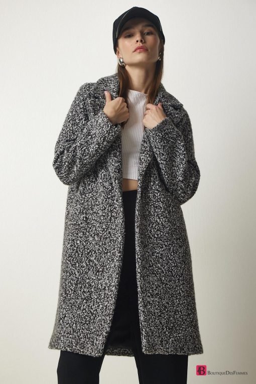 Grey Double-Breasted Boucle Coat - Boutique Des Femmes