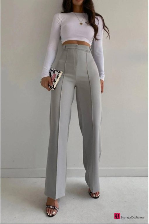 Grey High Waist Wide Leg Trousers - Boutique Des Femmes