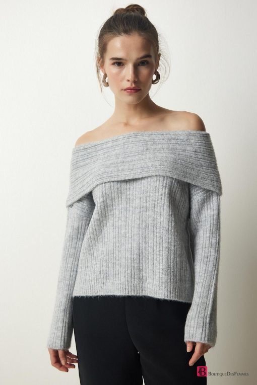 Grey Madonna Neck Sweater - Boutique Des Femmes