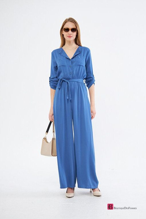 Indigo Pocket Elastic Waist Belt Casual Cut Jumpsuit - Boutique Des Femmes