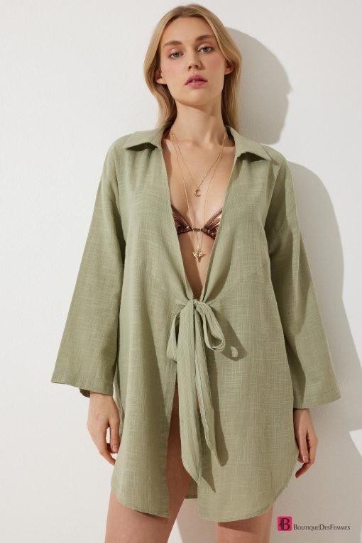 Khaki Linen Kimono Tie - Boutique Des Femmes