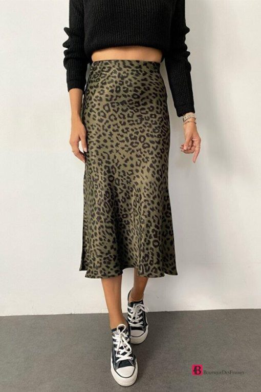 Khaki Viscose Satin Leopard Skirt - Boutique Des Femmes